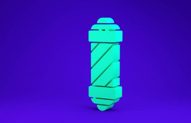 Mavi arka planda izole edilmiş Yeşil Klasik Berber dükkânı ikonu. Berber dükkanı direği sembolü. 3d illüstrasyon 3B canlandırma