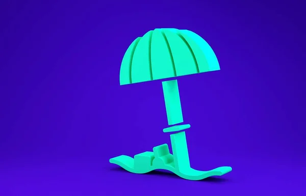 Green Sun parasol ochronny dla ikony plaży izolowane na niebieskim tle. Duży parasol do przestrzeni zewnętrznej. Parasol plażowy. Ilustracja 3D 3D renderowania — Zdjęcie stockowe