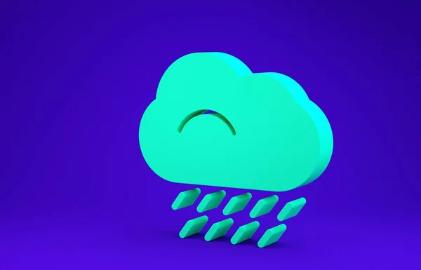 青の背景に雨のアイコンが隔離された緑の雲。雨滴と雨の雲の降水量。3Dイラスト3Dレンダリング — ストック写真