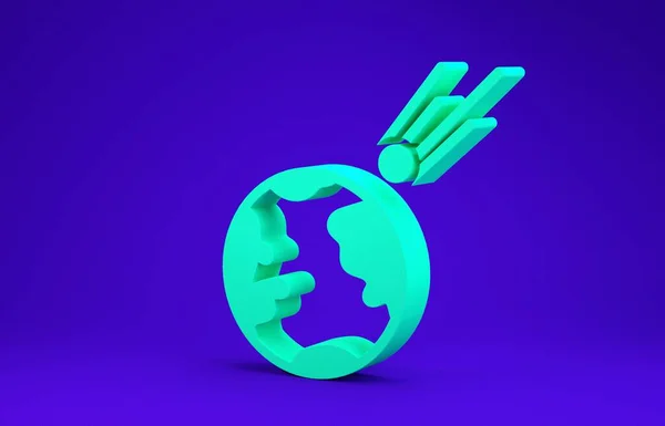 Cometa verde caindo ícone rápido isolado no fundo azul. 3D ilustração 3D render — Fotografia de Stock