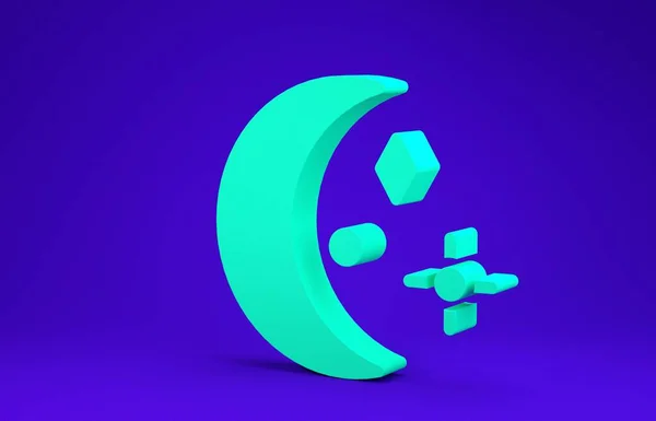 緑色の月と星のアイコンは青色の背景に孤立しています。曇った夜の看板。睡眠夢のシンボル。夜やベッドの時刻表示。3Dイラスト3Dレンダリング — ストック写真