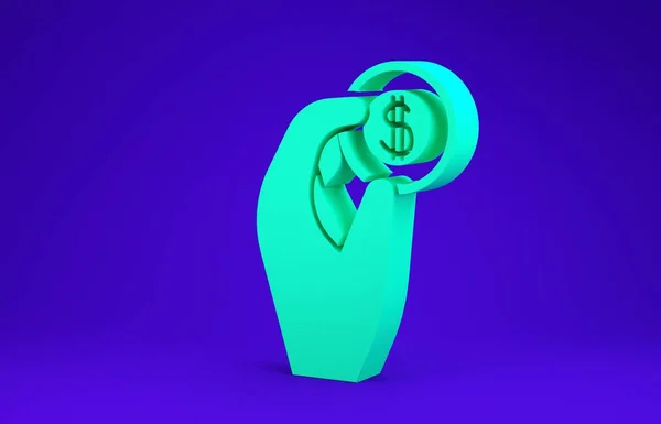Zöld Kéz kezében érme pénz ikon elszigetelt kék háttérrel. Dollár vagy USD szimbólum. Készpénz Banking pénznem jel. 3d illusztráció 3D render — Stock Fotó