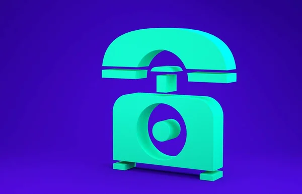 녹색 전화기 아이콘은 파란색 배경에 분리되어 있습니다. 랜드라인 전화. 3d 삽화 3D 렌더링 — 스톡 사진