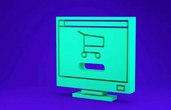Vert Panier à l'écran icône de l'ordinateur isolé sur fond bleu. Concept e-commerce, e-business, marketing d'affaires en ligne. Illustration 3D rendu 3D — Photo