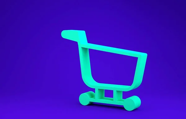 Icono de carrito de compras verde aislado sobre fondo azul. Tienda de comida, supermercado. 3D ilustración 3D render — Foto de Stock