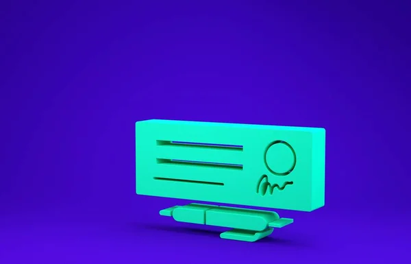 绿色空白模板的银行支票和笔形图标孤立在蓝色背景.用空格填写的支票簿支票页.3D渲染3D插图 — 图库照片