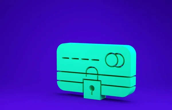 Tarjeta de crédito verde con icono de bloqueo aislado sobre fondo azul. Tarjeta bancaria bloqueada. Seguridad, seguridad, protección. Concepto de pago seguro. 3D ilustración 3D render — Foto de Stock