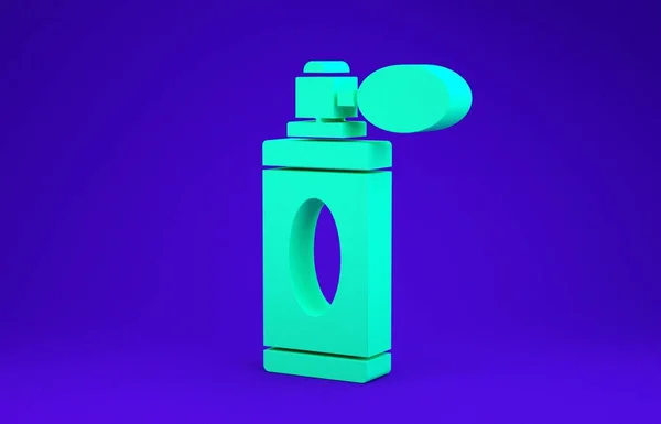 Frasco Aftershave verde com ícone atomizador isolado no fundo azul. Ícone de spray de Colónia. Garrafa de perfume masculino. 3D ilustração 3D render — Fotografia de Stock