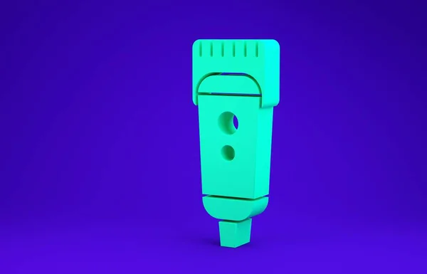 녹색 전기 헤어 클리퍼 또는 쉐 이 버 아이콘은 파란 배경에 분리되어 있다. 이발소의 상징이지. 3d 삽화 3D 렌더링 — 스톡 사진