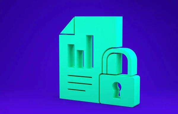 Green Document and lock icon isolated on blue background. File format and padlock. Security, safety, protection concept.  3d illustration 3D render — Stock Photo, Image