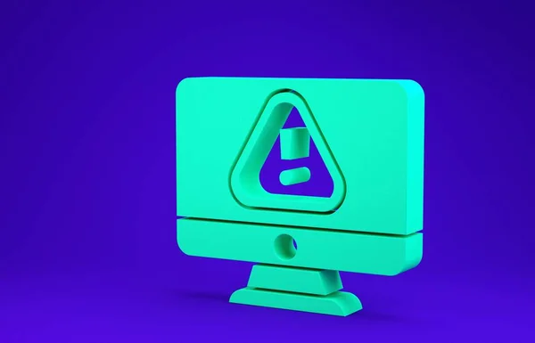 Monitor de ordenador verde con icono de signo de exclamación aislado sobre fondo azul. Mensaje de alerta notificación del teléfono inteligente. 3D ilustración 3D render — Foto de Stock