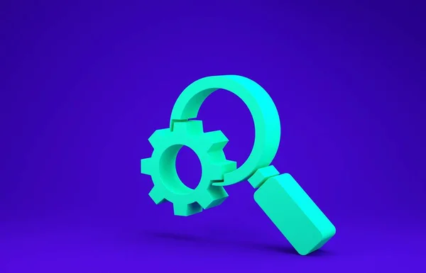 蓝色背景上孤立的绿色放大镜和齿轮图标。搜索齿轮工具。业务分析符号。3D渲染3D插图 — 图库照片