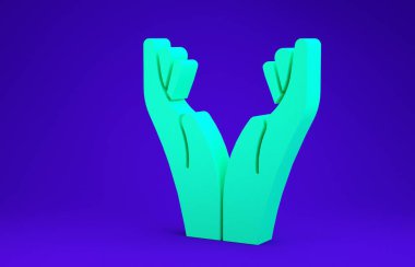 Yeşil Eller dua etme konumunda mavi arkaplanda izole edilmiş bir simge. Tanrı 'ya inanç ve umutla dua edin. 3d illüstrasyon 3B canlandırma