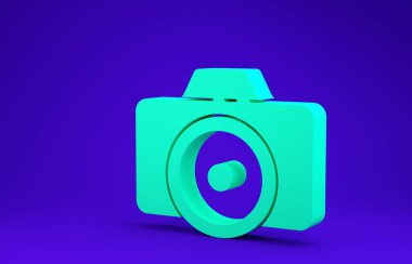 Mavi arkaplanda yeşil fotoğraf makinesi simgesi izole edildi. Fotoğraf makinesi simgesi. 3d illüstrasyon 3B canlandırma