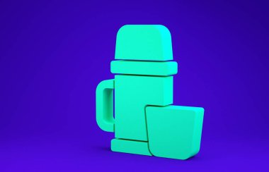 Mavi arka planda yeşil termos kabı ve fincan simgesi var. Termo matara ikonu. Kamp ve yürüyüş ekipmanları. 3d illüstrasyon 3B canlandırma