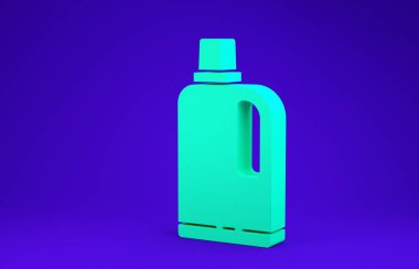 Mavi arkaplanda yeşil kumaş yumuşatıcı simgesi izole edildi. Sıvı çamaşır deterjanı, saç kremi, temizlik maddesi, çamaşır suyu. Minimalizm kavramı. 3d illüstrasyon 3B canlandırma