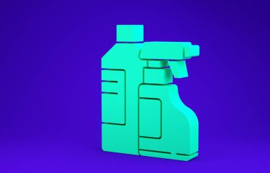 Çamaşır deterjanı, çamaşır suyu, bulaşık deterjanı ya da mavi arka planda izole edilmiş başka bir temizlik malzemesi için yeşil plastik şişeler. Minimalizm kavramı. 3d illüstrasyon 3B canlandırma