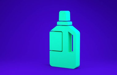 Mavi arkaplanda yeşil kumaş yumuşatıcı simgesi izole edildi. Sıvı çamaşır deterjanı, saç kremi, temizlik maddesi, çamaşır suyu. Minimalizm kavramı. 3d illüstrasyon 3B canlandırma