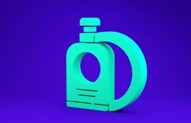 Mavi arka planda yeşil bulaşık deterjanı ve tabak ikonu var. Bulaşık yıkamak için sıvı deterjan. Minimalizm kavramı. 3d illüstrasyon 3B canlandırma