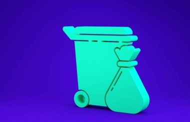 Mavi arka planda yeşil çöp tenekesi ve çöp torbası simgesi izole edildi. Çöp kutusu tabelası. Sepet simgesini geri dönüştür. Ofis çöpü ikonu. Minimalizm kavramı. 3d illüstrasyon 3B canlandırma