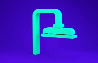 Su damlaları akan yeşil duş başlığı mavi arka planda izole edilmiş. Minimalizm kavramı. 3d illüstrasyon 3B canlandırma