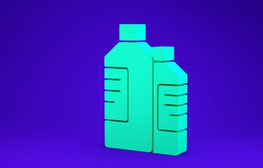 Çamaşır deterjanı, çamaşır suyu, bulaşık deterjanı ya da mavi arka planda izole edilmiş başka bir temizlik malzemesi için yeşil plastik şişeler. Minimalizm kavramı. 3d illüstrasyon 3B canlandırma
