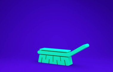 Temizlik simgesi için yeşil fırça mavi arkaplanda izole edildi. Temizlik hizmeti konsepti. Minimalizm kavramı. 3d illüstrasyon 3B canlandırma