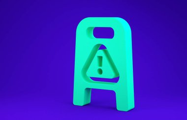 Yeşil ıslak zemin ve temizlik ikonu mavi arka planda izole edildi. Temizlik hizmeti konsepti. Minimalizm kavramı. 3d illüstrasyon 3B canlandırma