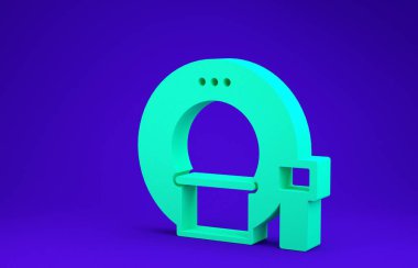 Mavi arkaplanda yeşil tomografi simgesi izole edildi. Tıbbi tarayıcı, radyasyon. Teşhis, radyoloji, manyetik rezonans terapisi. Minimalizm kavramı. 3d illüstrasyon 3B canlandırma