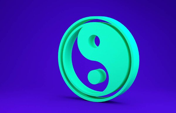 Green Yin Yang symbol of harmony and balance icon isolated on blue background.  3d illustration 3D render