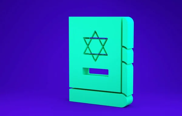 Книга "Green Jewish torah" ізольована на синьому тлі. На обкладинці Біблії зображено зірку Давида. 3D-рендеринг — стокове фото