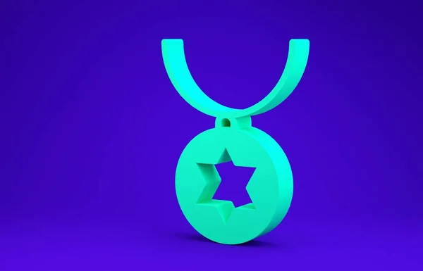 Collar Estrella Verde de David en el icono de la cadena aislado sobre fondo azul. Religión judía. Símbolo de Israel. Joyería y accesorio. 3D ilustración 3D render —  Fotos de Stock