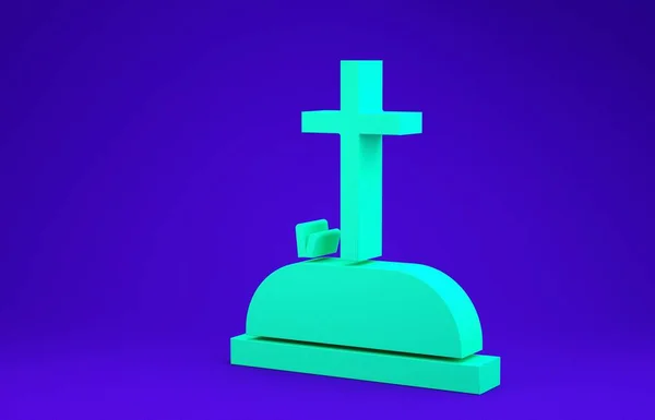 Mavi arka planda çapraz simgesi olan yeşil Tombstone. Mezar ikonu. 3d illüstrasyon 3B canlandırma — Stok fotoğraf