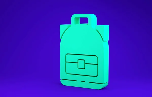 Icono de mochila Senderismo verde aislado sobre fondo azul. Camping y montaña explorando mochila. 3D ilustración 3D render — Foto de Stock