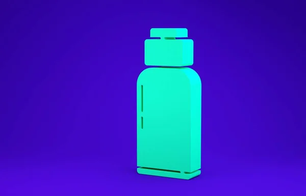 Zöld kulacs vízpalack ikon elszigetelt kék háttérrel. Turista lombik ikon. Egy üveg víz a kampányban. 3d illusztráció 3D render — Stock Fotó
