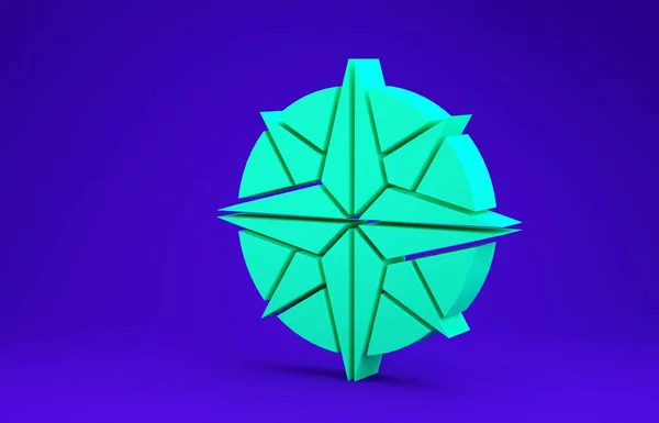 Green Wind rose icon isolated on blue background. Compass icon for travel. Navigation design.  3d illustration 3D render