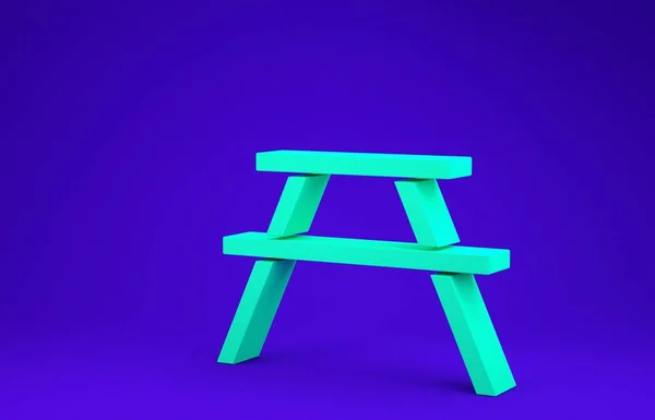 Mesa de picnic verde con bancos a cada lado del icono de la mesa aislado sobre fondo azul. 3D ilustración 3D render — Foto de Stock