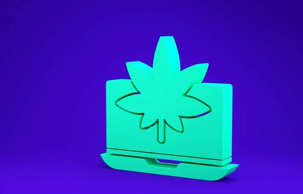 緑のラップトップと医療用マリファナまたは大麻の葉のアイコンは青の背景に隔離されています オンライン購入記号 スーパーマーケットバスケット最小限の概念 3Dイラスト3Dレンダリング — ストック写真