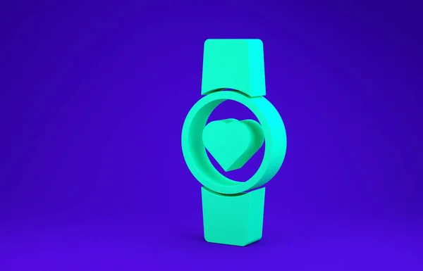 Reloj inteligente verde que muestra el icono de ritmo cardíaco aislado sobre fondo azul. Concepto de aplicación Fitness. 3D ilustración 3D render —  Fotos de Stock
