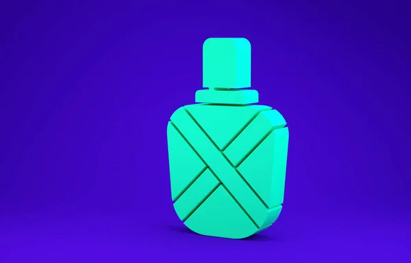 绿色水壶图标隔离在蓝色背景。游客瓶图标。水瓶在战役中的使用.3D渲染3D插图 — 图库照片