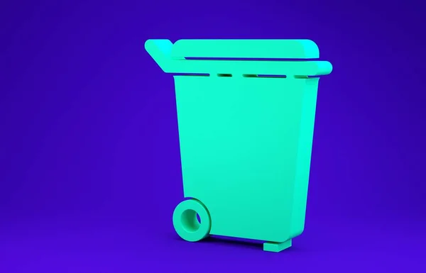 Green Trash can icon isolated on blue background. Garbage bin sign. Recycle basket icon. Office trash icon. Minimalism concept. 3d illustration 3D render