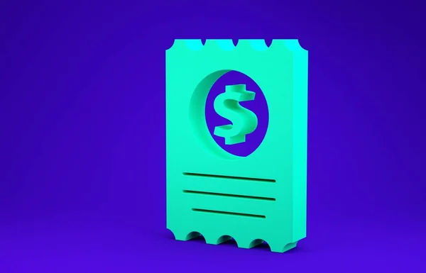 绿皮书检查和财务检查图标孤立的蓝色背景 纸张打印检查 商店收据或帐单 最低纲领的概念 3D说明3D — 图库照片