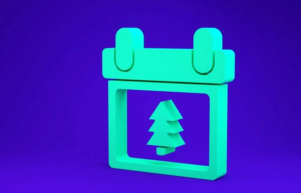 Calendario verde con icono de árbol aislado sobre fondo azul. Evento símbolo recordatorio. Feliz Navidad y Feliz Año Nuevo. 3D ilustración 3D render —  Fotos de Stock