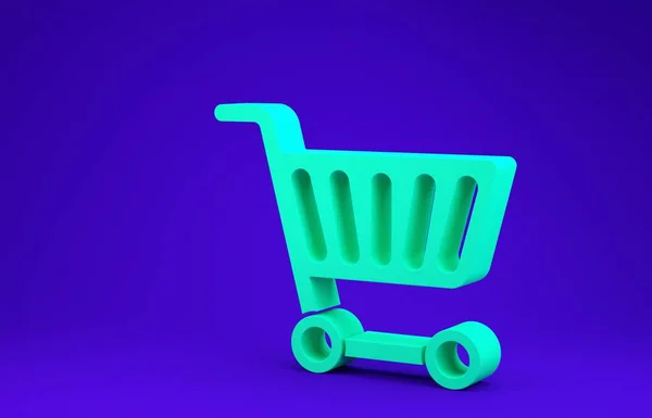 青の背景に緑のショッピングカートのアイコン オンライン購入の概念 配送サービスの看板 スーパーマーケットバスケットのシンボル 最小限の概念 3Dイラスト3Dレンダリング — ストック写真