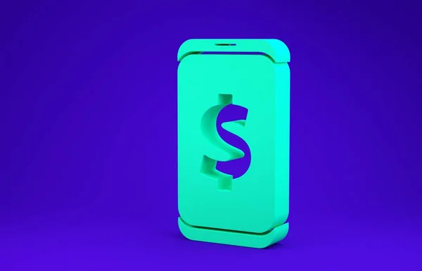 Grön Smartphone Med Dollar Symbol Ikon Isolerad Blå Bakgrund Nätköpskoncept — Stockfoto