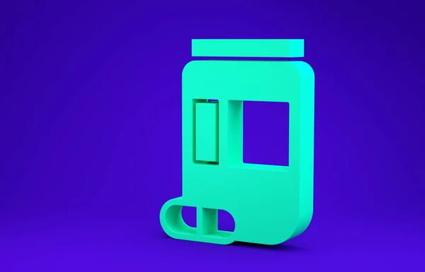 緑色の薬瓶と錠剤のアイコンが青色の背景に隔離されています 瓶の丸薬のサイン薬局の設計最小限の概念 3Dイラスト3Dレンダリング — ストック写真