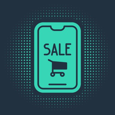Mavi arka planda yeşil cep telefonu ve alışveriş arabası simgesi izole edildi. İnternetten satın alma sembolü. Süpermarket sepeti sembolü. Soyut çember rastgele noktalar. Vektör İllüstrasyonu
