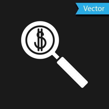 Beyaz Büyüteç ve dolar sembol simgesi siyah arka plan üzerinde izole. Para bul. Para arıyorum. Vektör İllüstrasyonu