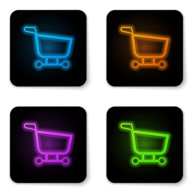 Parlayan neon alışveriş arabası simgesi beyaz arkaplanda izole edildi. Yiyecek dükkanı, süpermarket. Siyah kare düğme. Vektör İllüstrasyonu