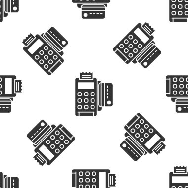 Gri POS terminali, eklenmiş kredi kartı ve yazdırılmış tarif simgesi beyaz arka planda izole edilmiş kusursuz desen. NFC ödeme konsepti. Vektör İllüstrasyonu